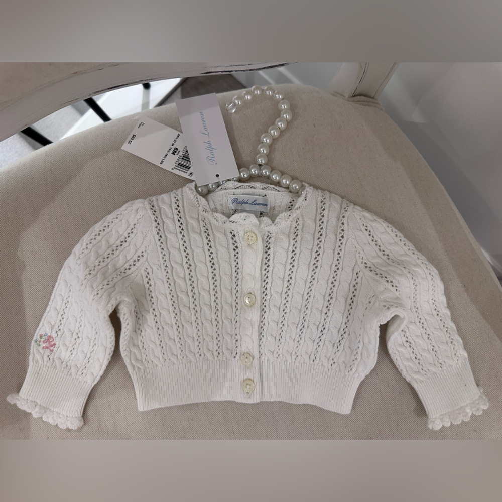 🎀 6 Mth Ralph Lauren White Nantucket Cable Knit Cardigan With Scallop Trim NWT